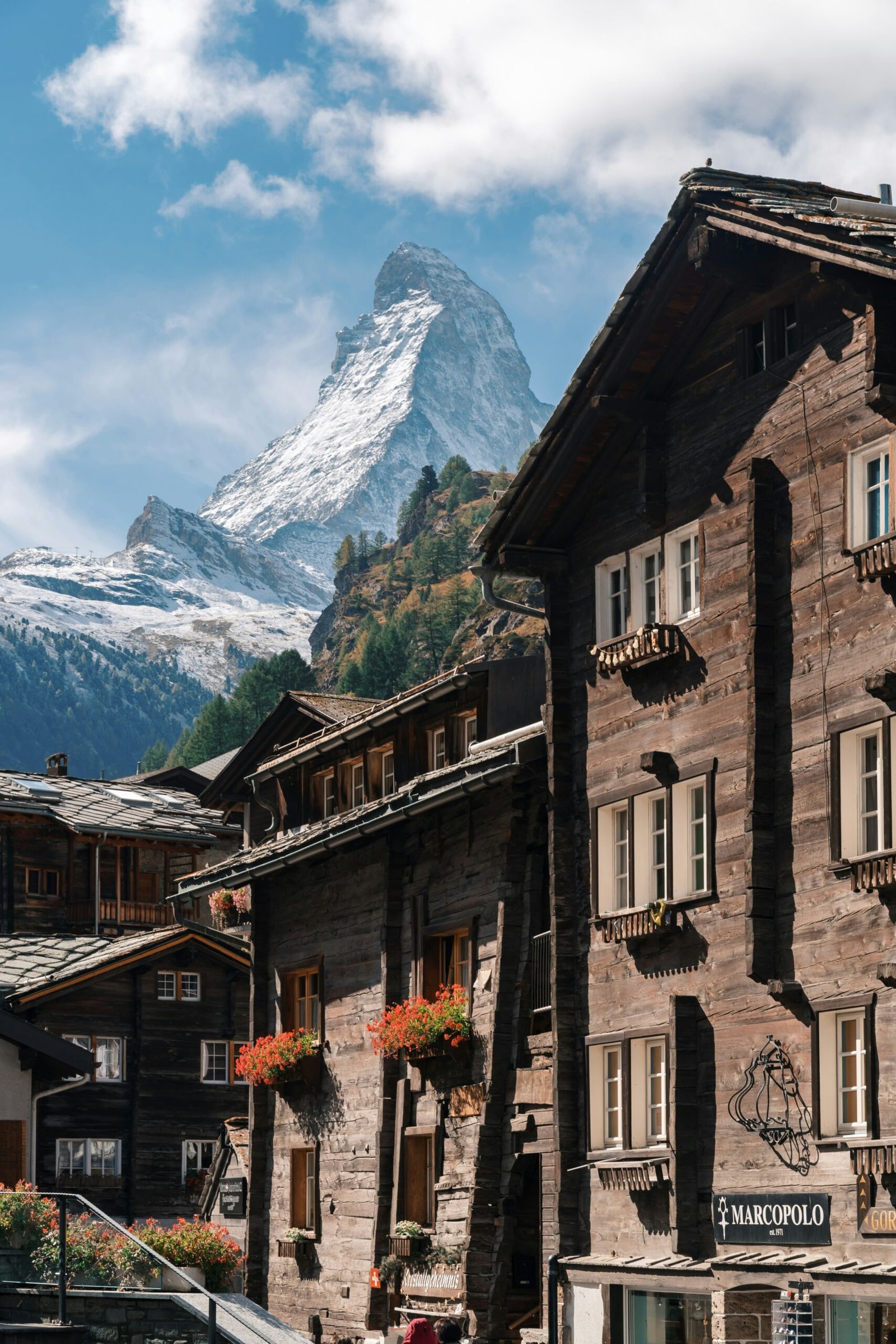 Matterhorn view from Zermatt, Switzerland, with alpine forest and mountain peaks