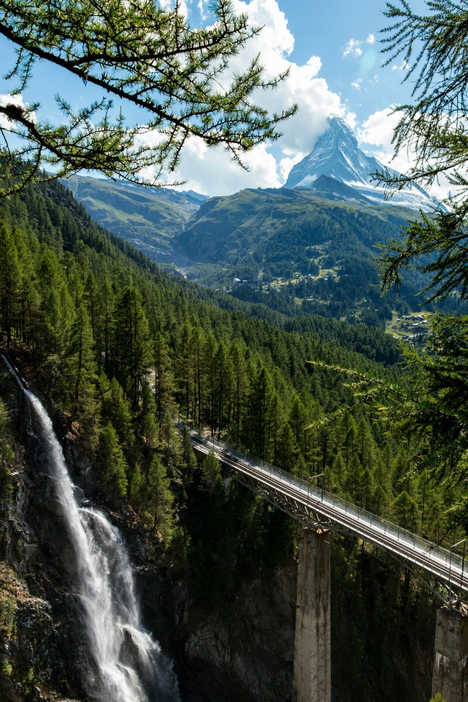 Matterhorn view from Zermatt, Switzerland, with alpine forest and mountain peaks